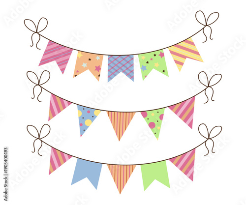 set Cheerful vector illustration of three strings of colorful bunting flags with various patterns and tied bows. Ideal for party decor, celebrations, or event design themes.