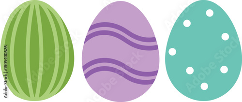 Colorful Easter egg set isolated on white background, decorative painted eggs collection with stripes and dots, spring holiday celebration design elements for greeting cards and decoration.