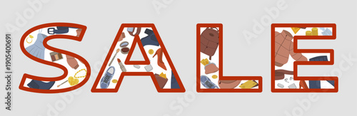 Sale-themed vector illustration featuring a variety of fashion accessories and clothing items within bold letters. Includes shoes, handbags, jewelry, and cosmetics, creating a vibrant look