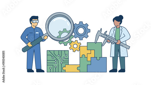 Engineers Building Puzzle with Magnifying Glass and Hammer