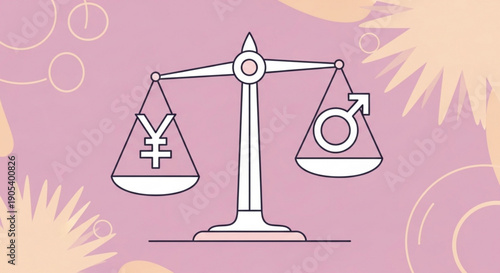 Balance scale with yen symbol and gender symbols on a pink background with abstract shapes