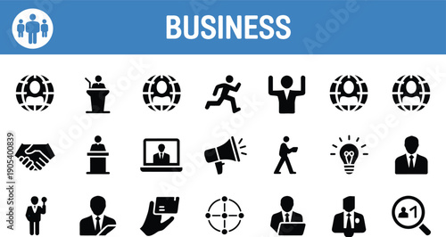 Collection of Business and Management Icons Featuring People, Finance, Strategy, and Communication