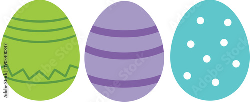 Colorful Easter eggs illustration set with striped and polka dot patterns, decorative spring holiday egg icons isolated on white background for festive design.