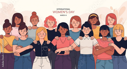 Diverse group of women standing together on international women's day arms crossed united solidarity equality empowerment celebration pink background