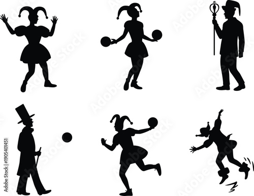 Jester and clown silhouette set isolated on white background, carnival joker characters collection, circus performer poses with hat and staff, entertainment festival costume icons.