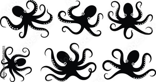 Octopus silhouette set isolated on white background, black marine sea animal collection with tentacles, underwater ocean creature icons for nautical logo, tattoo, and design elements.