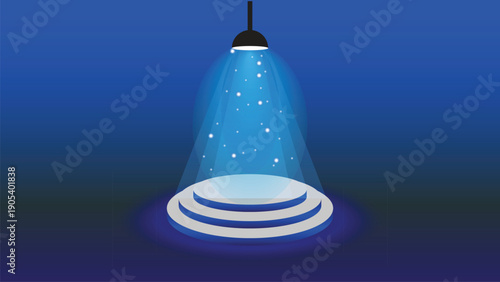 3D Stage Podium & Spotlight in digital futuristic style on a blue background. Bright beams of spotlights, shimmering glittering particles, a spot of light. Vector illustration