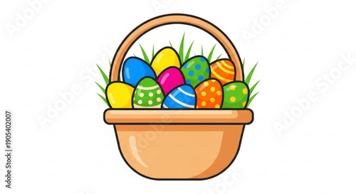 Colorful easter eggs in a basket with grass vibrant illustration for spring holiday decoration