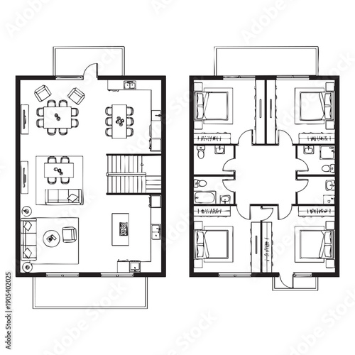 Two black and white floor plans of a house with detailed room layouts and furniture house layout