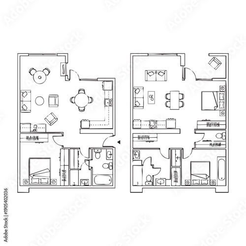 Two black and white floor plans of apartment layouts with furniture and fixtures