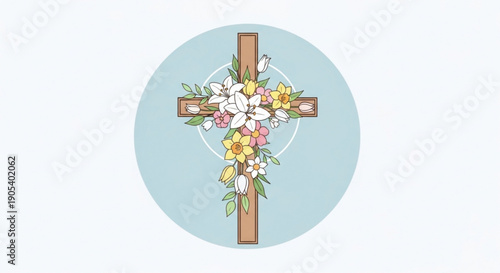 Easter cross with colorful flowers on light blue background symbolizing hope and renewal