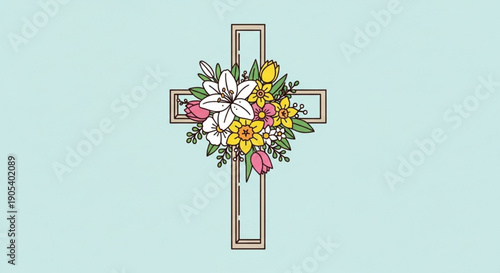 Easter cross with colorful flowers on a light blue background symbolizing spring and renewal