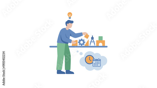 Man Building Clockwork Mechanism on Workbench in Workshop