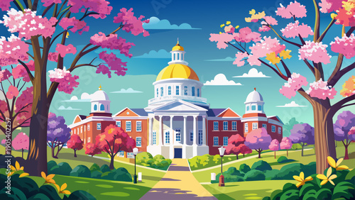 Very beautiful spring scene at the University of Missouri with blooming redbud trees framing the white dome of Jesse Hall, celebrating seasonal color and classic campus elegance.
