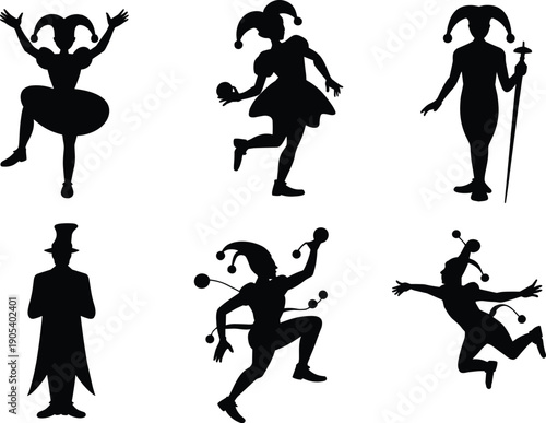 Set of jester silhouette characters in playful poses, clown costume figures with hat and cane, carnival joker performers isolated on white background for festival design.