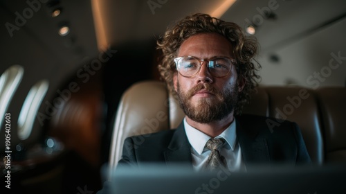 A professional man seated in a luxurious private jet, reflecting deep thoughts and aspirations, showcasing the blend of success and comfort in the business travel lifestyle.