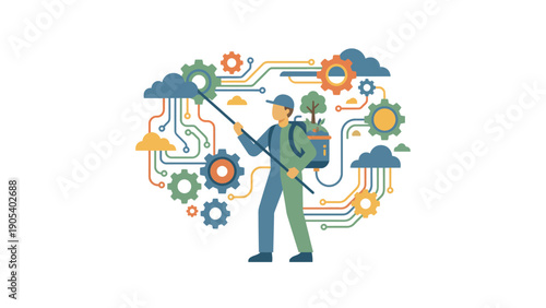 Technician Spraying Circuit Board with Weather Icons