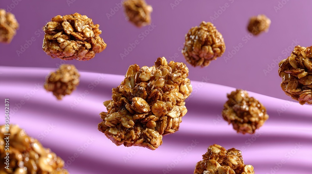 Obraz premium Healthy Honey Granola Clusters Levitation on Purple Background