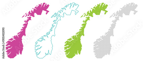 Norway Map Outlines In Different Styles And Colors On White Background