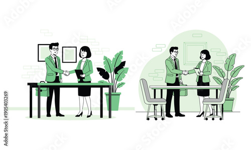 Business professionals shaking hands over a table illustrating a successful agreement