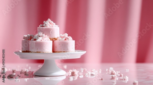 A beautifully arranged stack of pink cakes on a pedestal emanates sweetness and charm, inviting viewers to indulge in a delightful treat perfect for celebrations.