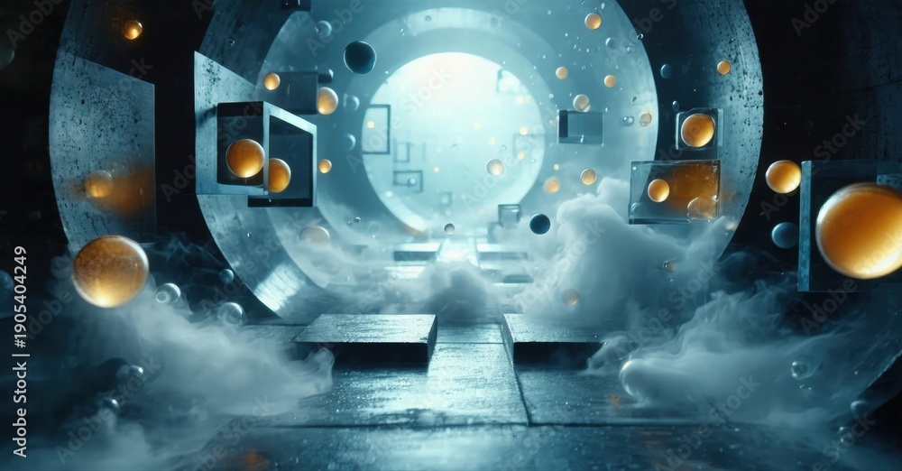 Fototapeta premium Futuristic tunnel, glowing orbs, smoke effects, concrete walls. Dramatic lighting creates mysterious, ethereal space.