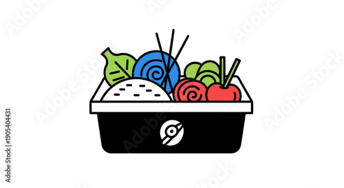 Illustrated bento box with food components