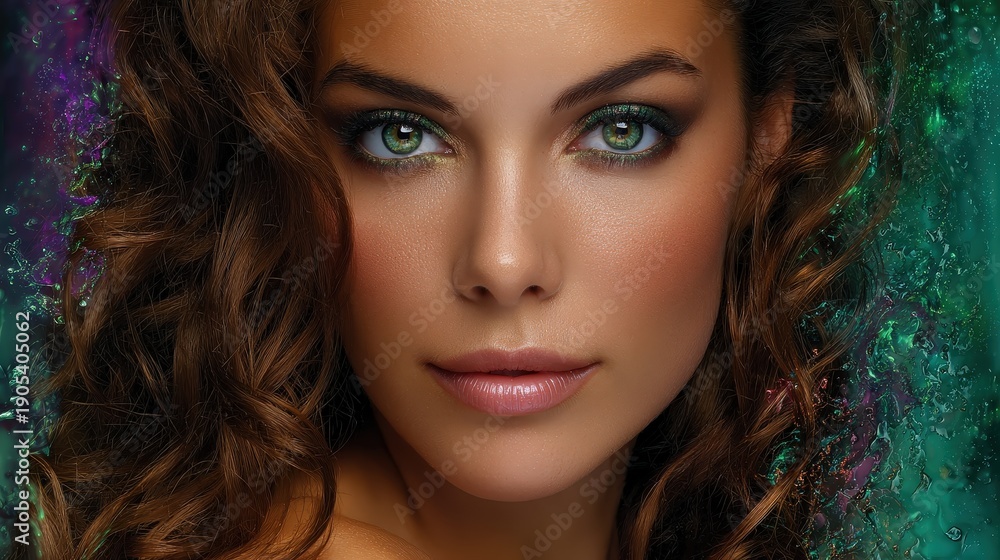 Fototapeta premium Stunning Portrait of a Beautiful Woman with Radiant Green Eyes