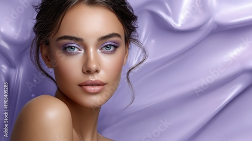 Elegant Purple Makeup Look on Beautiful Woman in Silk Fabric