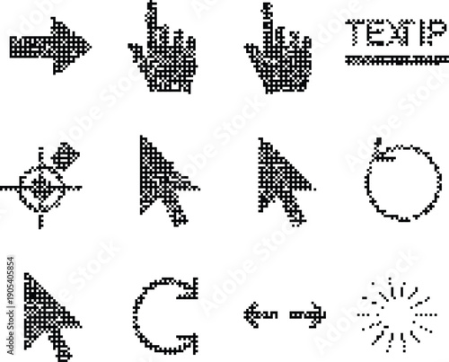 Retro Aesthetic cursor icons dithered texture pixelated bitmap digital noise Y2K grunge lo-fi asset isolated on transparent background vector illustration projects.