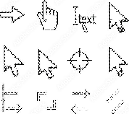 Pixelated Bitmap cursor icons dithered texture retro aesthetic digital noise Y2K grunge asset isolated on transparent background vector illustration projects.
