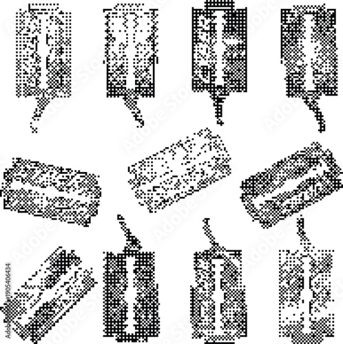 Dithered Texture razor icons pixelated bitmap retro aesthetic Y2K grunge digital noise lo-fi asset isolated on transparent background vector illustration.