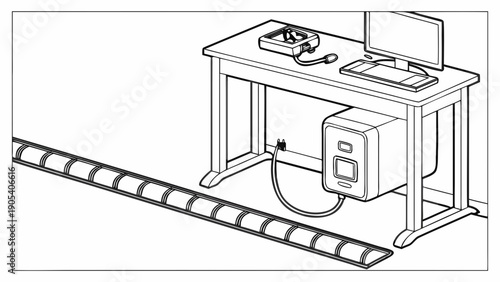 A minimalist line art illustration of a computer workstation with a floor outlet and power strip
