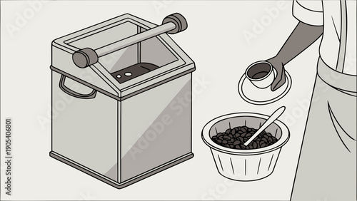A minimalist vector illustration of a person grinding coffee beans with a manual grinder