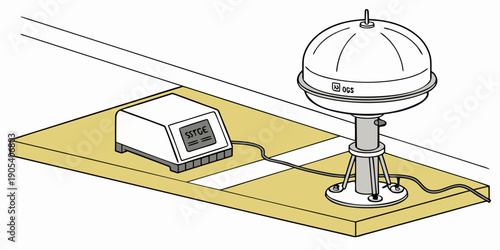 A vector graphic illustration of a GNSS receiver system with a satellite signal receiver and a data logger on a yellow platform