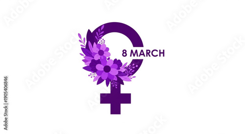 International women's day logo with purple flowers and date