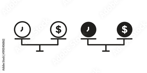 Time and money compare scale icons in simple black style symbol sign for apps and website
