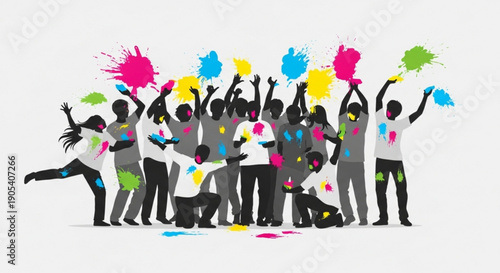 Group of people celebrating with colorful paint splatters on white background joyful atmosphere creative expression