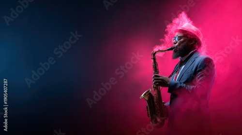 An artistic portrayal of a musician passionately playing the saxophone, enveloped in colorful smoke, capturing the emotion and energy of live music performance.