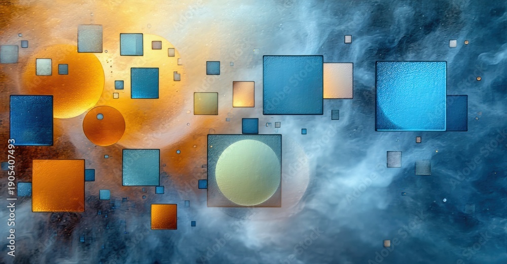Fototapeta premium Abstract composition features geometric shapes, circles, squares, warm cool tones. Background suggests nebula, cosmic dust, dreamy texture.