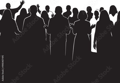 Crowd of people in prayer silhouette vector illustration with raised hands and line art