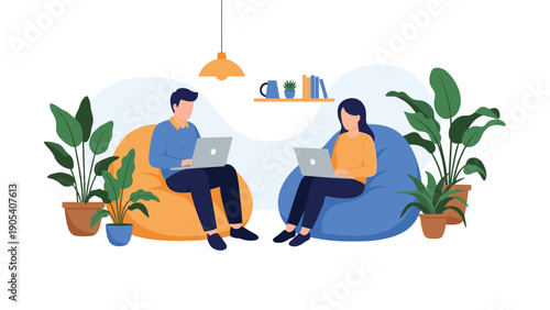 Man and a woman are sitting in comfortable bean bag chairs while working on their laptops in a modern office space surrounded by potted plants.