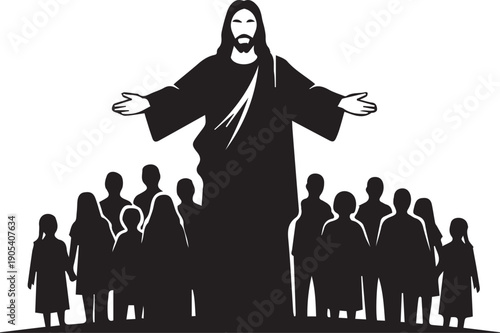 Jesus christ silhouette vector illustration with a crowd of people around him line art