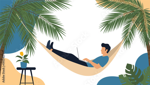 Man is relaxing in a hammock between palm trees while working on his laptop to represent the concept of remote work and a digital nomad lifestyle.