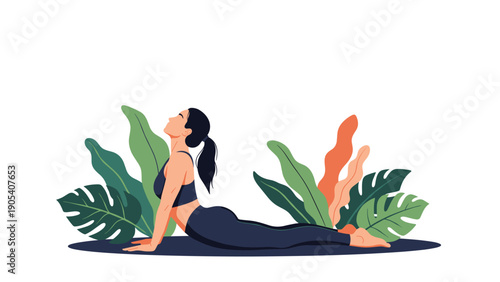 Woman is practicing the cobra yoga pose amidst large tropical leaves to emphasize the connection between mindfulness, fitness, and nature.