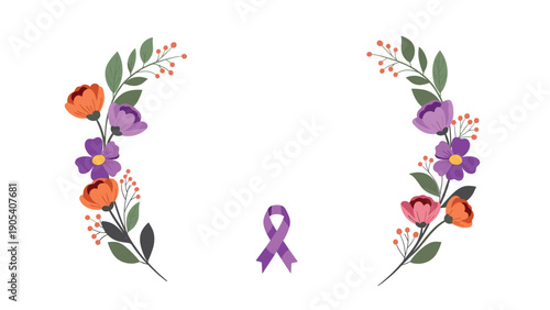 Symmetrical floral frame featuring purple and orange flowers with green leaves surrounds a central space and an awareness ribbon at the bottom.