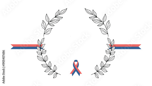 Classic laurel wreath design is combined with blue and red ribbons and a small awareness ribbon at the bottom to create a commemorative emblem.