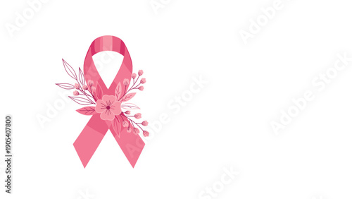 Breast cancer awareness symbol featuring a large pink ribbon decorated with delicate floral branches and blossoms.