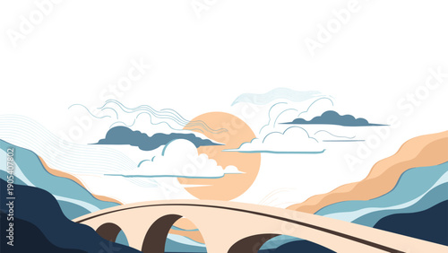 Stylized artistic landscape illustration featuring a stone bridge crossing water under a large setting sun with clouds.