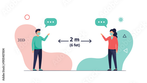 Informative social distancing graphic showing two people with masks keeping a safe distance of two meters apart.